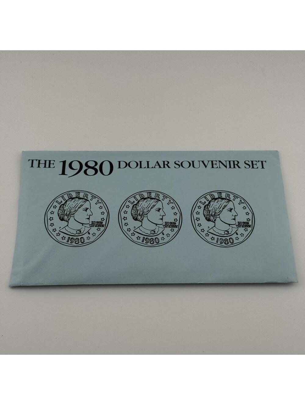 1980 Susan B. Anthony Dollars Souvenir 3 Coin Set P D S Mint Envelope SBA Dollar
